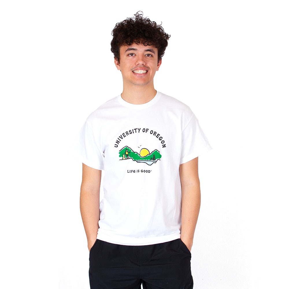 Ducks Spirit, Blue 84, White, Crew Neck, Cotton, Men, Unisex, Overdyed, Life is Good, Jake, Looking at Scenic View, T-Shirt, 934831